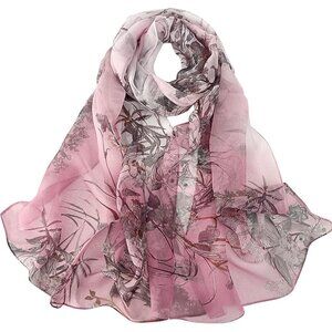 Women's Grass Pink Fashion Lightweight Head Scarf Floral Print Chiffon Scarves